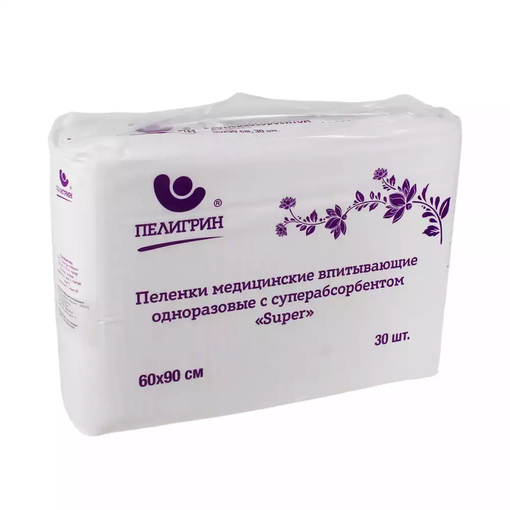 Пеленка "Пелигрин" "Super" 3-х слойная с суперабсорбентом, размер 60*90см, одноразовая, нестерильная, упаковка 30шт, впитываемость 1200мл