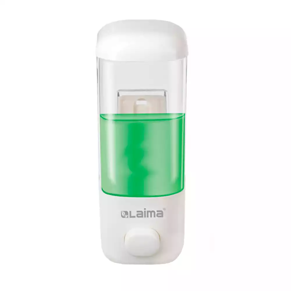 Дозатор LAIMA, НАЛИВНОЙ,кнопочный настенный для жидкого мыла 500 мл, для гелеобразных средств, цвет белый, ABS пластик