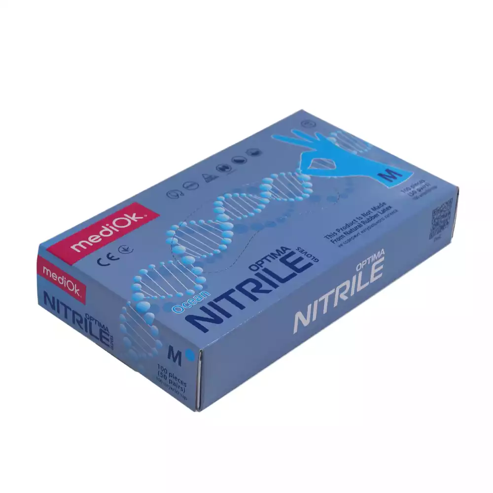 Перчатки mediOk OPTIMA, размер M, нитриловые, неопудренные, текстурированные на пальцах, цвет голубой, нестерильные,вес 6,0 г/пара, упаковка 50 пар
